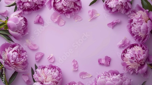 Lilac background with a frame of feminine purple peony flowers, ideal for sign design, wedding invitations, cosmetic products, Mother's Day, Valentine's, Woman's Day, and mock ups, with copy space