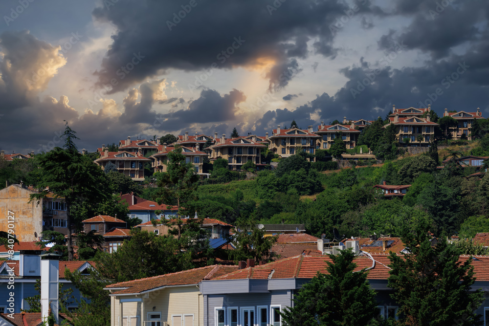 Southern cityscape, evening view of buildings and houses in public places in Turkey, in the city of Istanbul Southern cityscape, evening view of buildings and houses in public places in Turkey, in the city of Istanbul