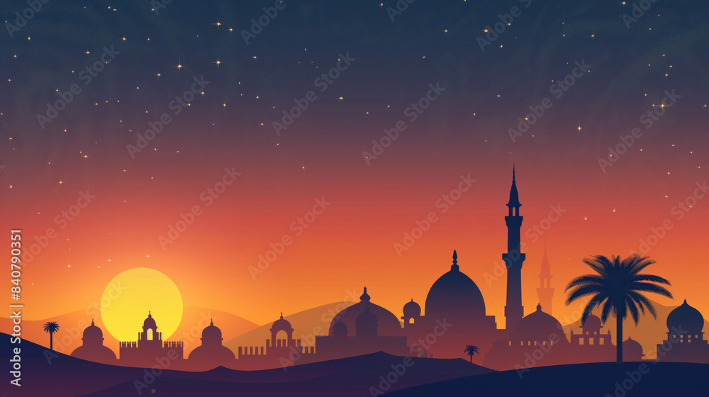 This image depicts a beautiful sunset over a desert landscape with a mosque in the background. Silhouettes of camels walking across the sand dunes can be seen in the foreground, suggesting a scene of This image depicts a beautiful sunset over a desert landscape with a mosque in the background. Silhouettes of camels walking across the sand dunes can be seen in the foreground, suggesting a scene of