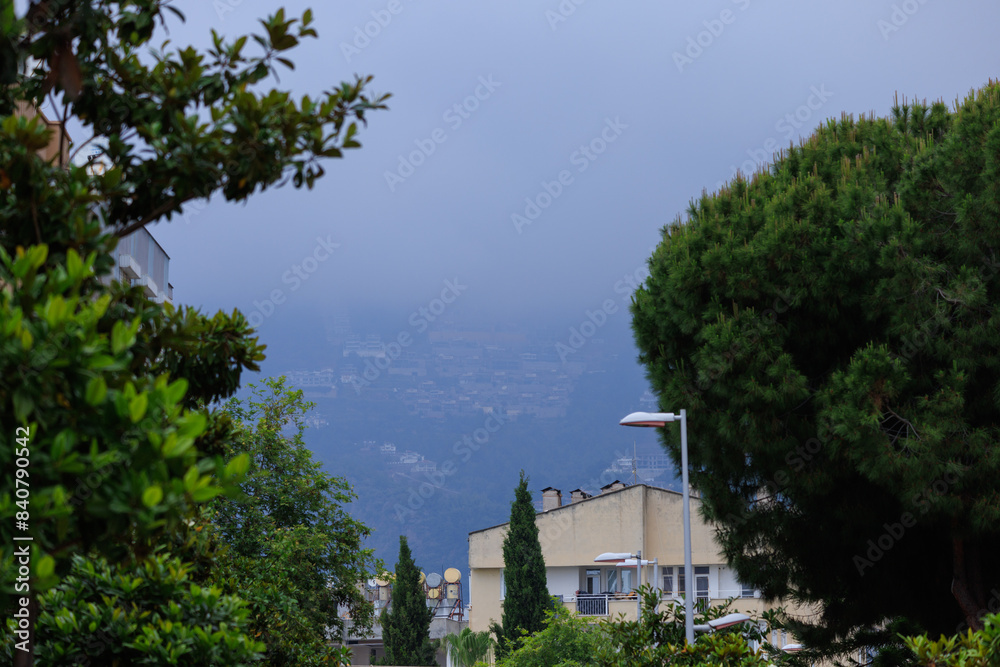 Southern cityscape, view of buildings and houses with green plants in public places in Turkey, sunny summer day in the city of Istanbul Southern cityscape, view of buildings and houses with green plants in public places in Turkey, sunny summer day in the city of Istanbul