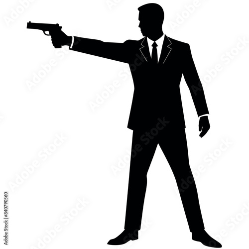 depicting a man in a suit pointing a gun in a front view perspective vector silhouette