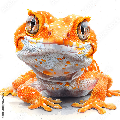 close-up illustration of a leopard gecko with vibrant orange and white markings, isolated on white background