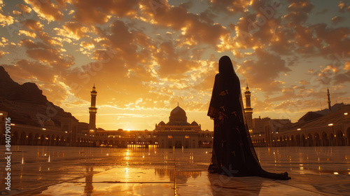A woma standing in front of Khana Kaba in Saudi Arabia wearing black abaya photo