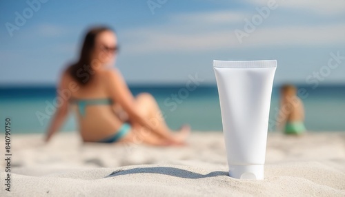 Tube of sunscreen on the summer beach and woman sunbathing