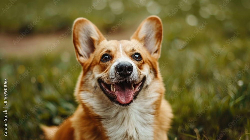 A brown and white dog sitting on top of a lush green field, great for outdoor or pet related themes A brown and white dog sitting on top of a lush green field, great for outdoor or pet related themes