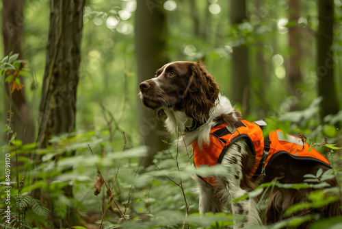 Springer Spaniel dog wearing an orange vest in a dense green forest