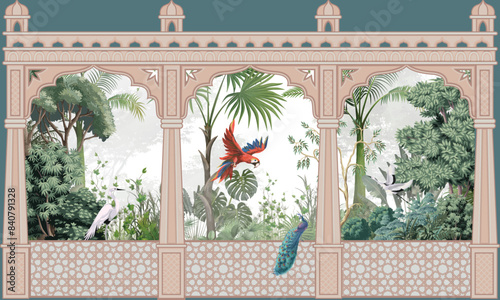Mughal garden, peacock, arch, bird illustration for wallpaper. Tropical jungle vector wallpaper.