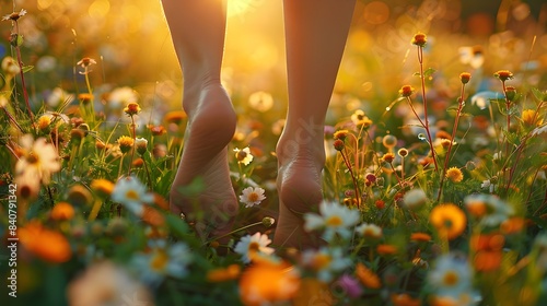 Womans feet walking among meadow flowers. Generative by AI photo