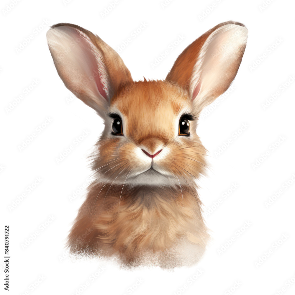 Fototapeta premium Brown Rabbit With Big Eyes And Fluffy Fur On Isolated Background. Cute Brown Bunny Illustration