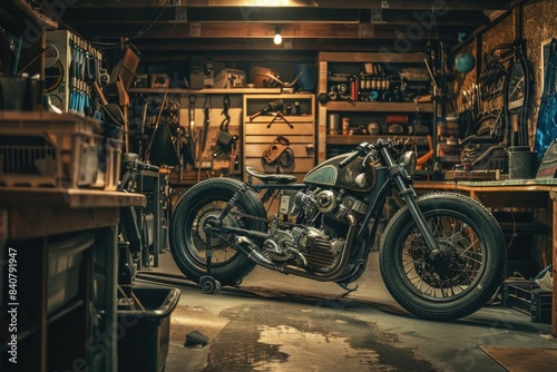 A motorcycle is parked in a garage with tools and equipment nearby