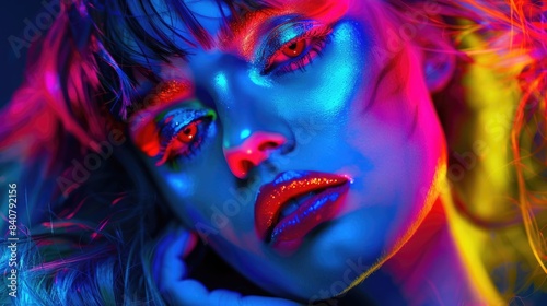 A close-up shot of a woman with bright neon makeup  suitable for fashion  beauty  or creative projects