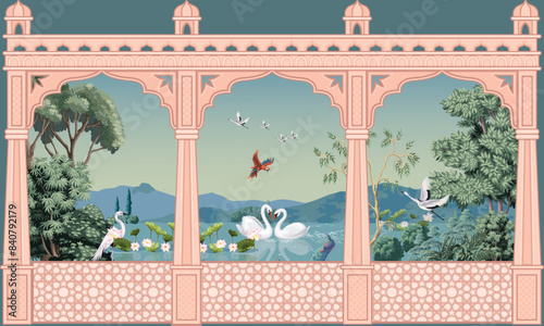Mughal garden, peacock, arch, bird illustration for wallpaper. Tropical jungle vector wallpaper.