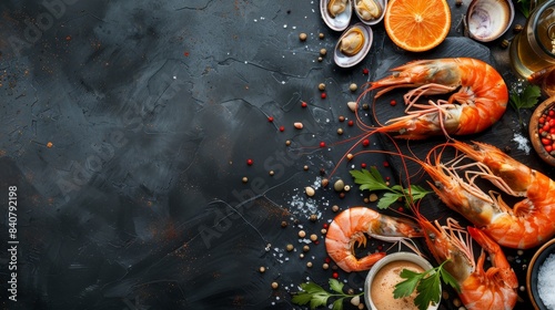 High Angle Seafood Cuisine Background Image with Fresh Shellfish - Shrimp, Langostino, Mussels and Clams - and Ingredients on Dark Background with Copy Space  photo