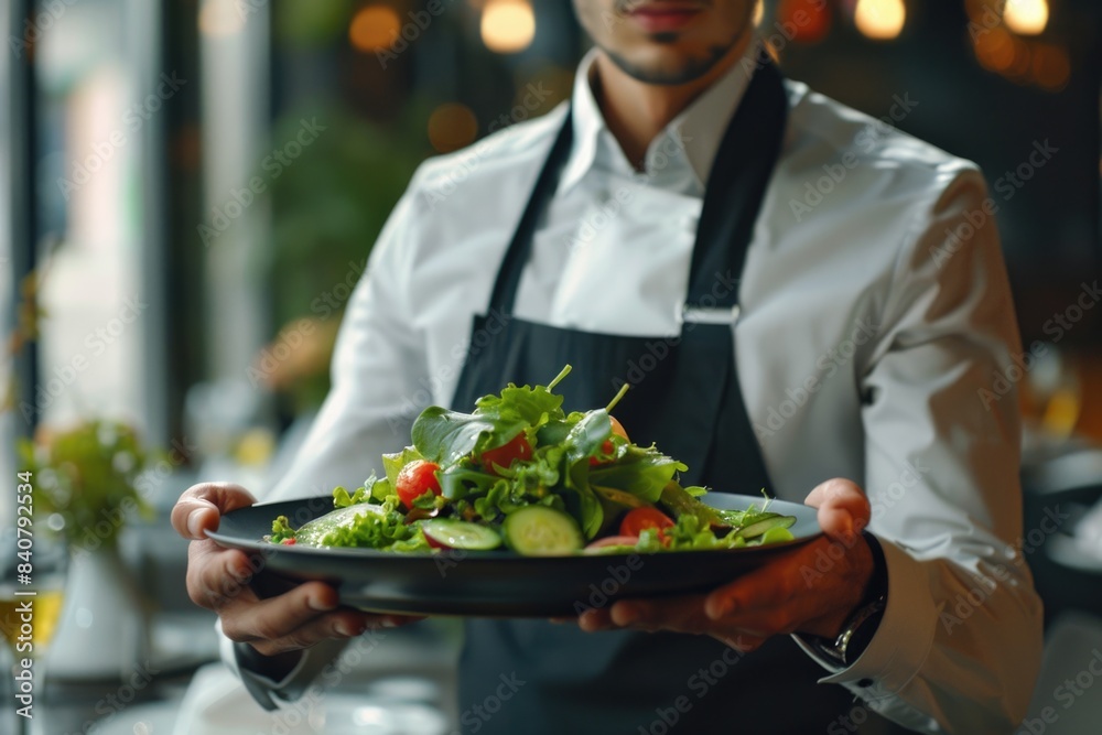 A person holding a plate filled with green leaves and vegetables, ideal for food or health related concepts A person holding a plate filled with green leaves and vegetables, ideal for food or health related concepts