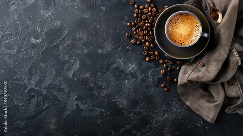 Horizontal banner with cup of coffee and coffee beans on dark stone background. Top view