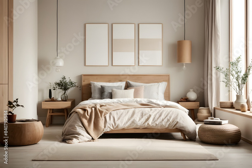 Modern minimalist composition of wooden frame mockup  bedroom interior  3d render