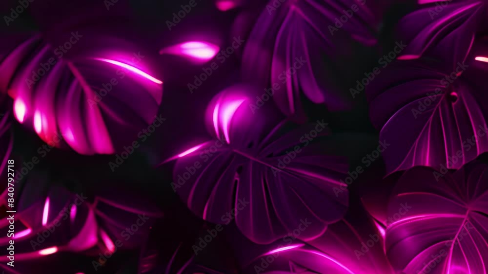 Neon tropical leaves. Color exotic tree and plant leaf, colorful palm leaves. Leaf floral tropical, rainforest foliage exotic, fashion botanical neon lights 4k video
