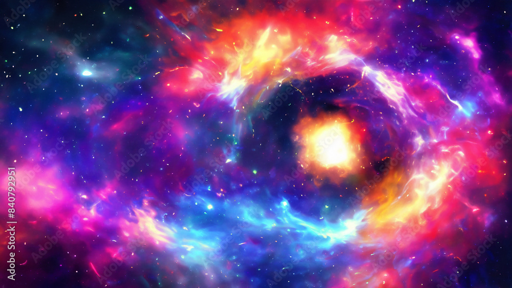 Fototapeta premium Abstract colorful nebula with glowing bubbles and bright starry sky texture