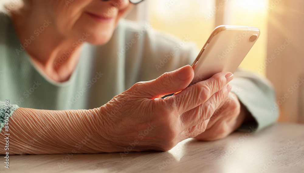 Fototapeta premium Close-up of elderly woman learning to use a smartphone in the kitchen, focusing on her hand and soft lighting, digital literacy, learning.