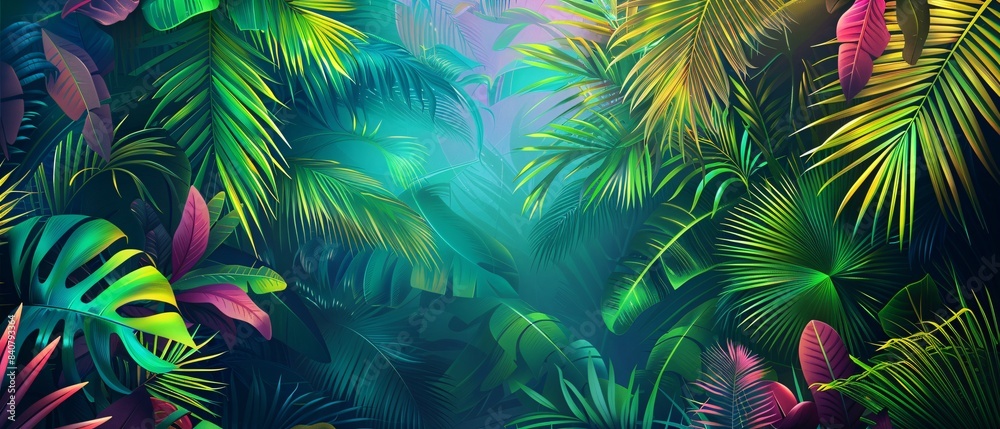 A lush green jungle with a variety of colorful plants and flowers A lush green jungle with a variety of colorful plants and flowers