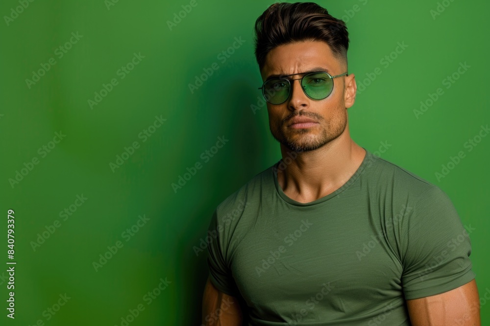 A person wearing sunglasses and a green shirt outdoors A person wearing sunglasses and a green shirt outdoors