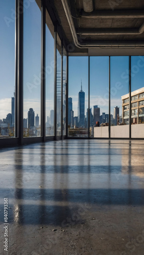 Empty space in a shop or store  featuring a concrete floor and a scenic urban skyline against a blue sky background.