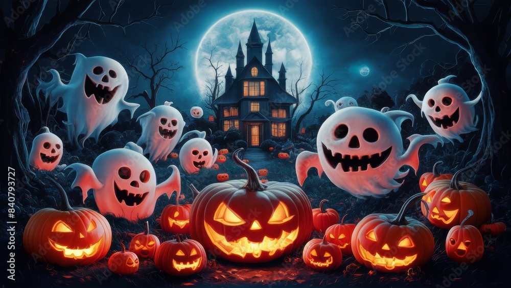 Lots of ghosts and pumpkins, a poster.