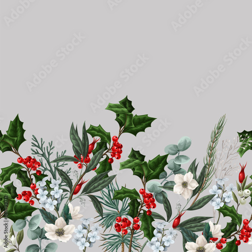 Botanical border with Christmas flowers and elements. Vector.