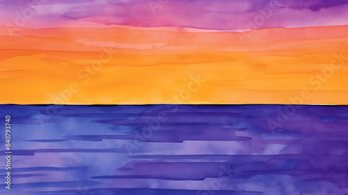 Watercolor sunset over ocean abstract landscape