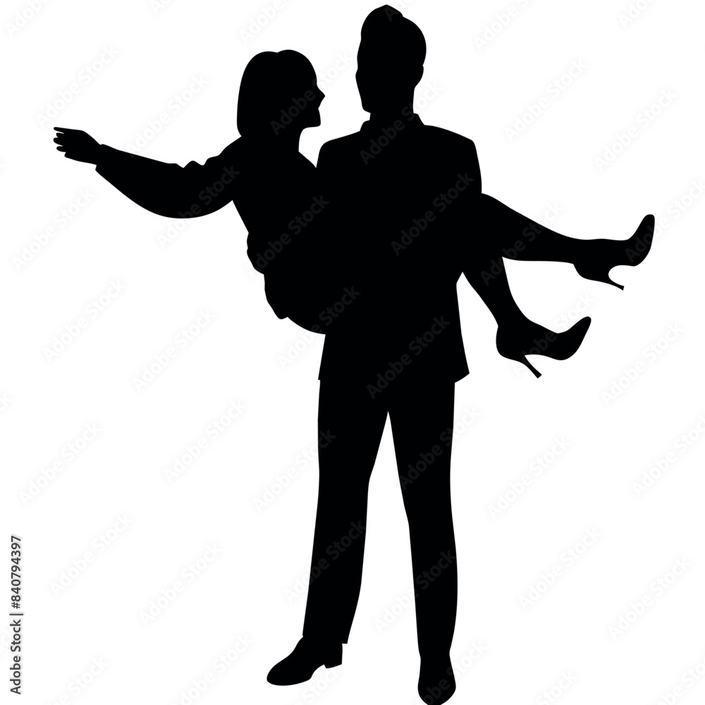 Man carries woman in his arms flat style vector silhouette, white background Man carries woman in his arms flat style vector silhouette, white background