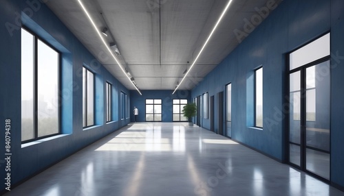 Blue office corridor, concrete floor, loft-style windows, continuous ceiling lights, business and financial design theme,digital illustration created with generative ai