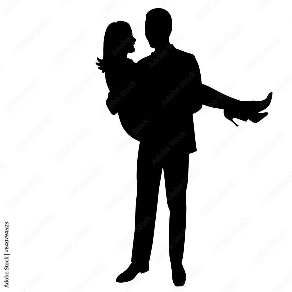 Man carries woman in his arms flat style vector silhouette, white background Man carries woman in his arms flat style vector silhouette, white background