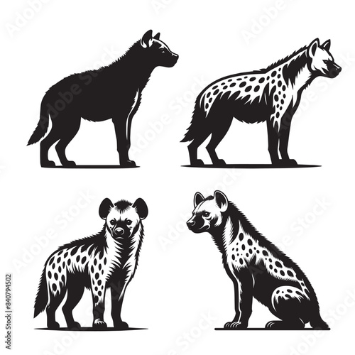 Hyena Silhouette illustration, Hyena Silhouette set, Hyena Silhouette in sitting, running and standing pose, Black and White Hyena Silhouettes