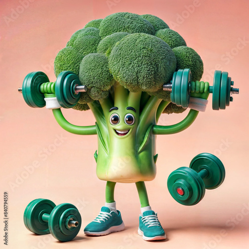 Broccoli character engaging in fitness activities, humorously lifting dumbbells as part of a workout routine, diigital illustration created with generative ai. photo