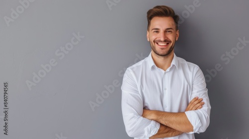 Photo of young macho business man employer meet colleagues corporate seminar friendly smiling arms crossed wear white office shirt pants isolated grey color background  © Emil