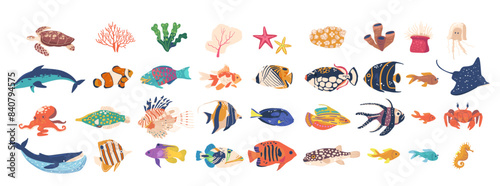 Colorful Cartoon Vector Set Of Various Sea Creatures And Marine Animals. Fish, Corals And Underwater Elements