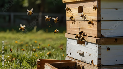 Bees in flight near a hive - AI
