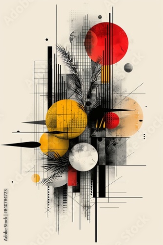 Abstract Geometric Composition With Red, Yellow, And White Circles And Black Lines