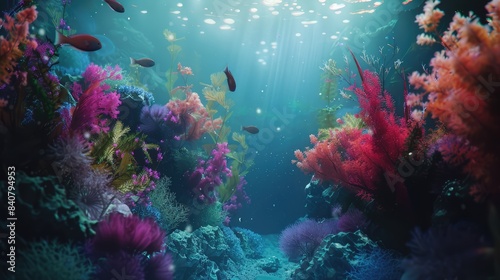 Coral reef and fishes. AI generated.