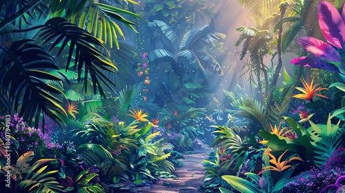 A lush jungle with a path through it
