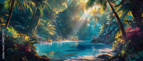 A lush tropical forest with a river running through it