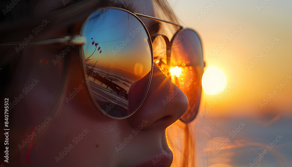 reflection of the rising sun in sunglasses of a girl close-up reflection of the rising sun in sunglasses of a girl close-up