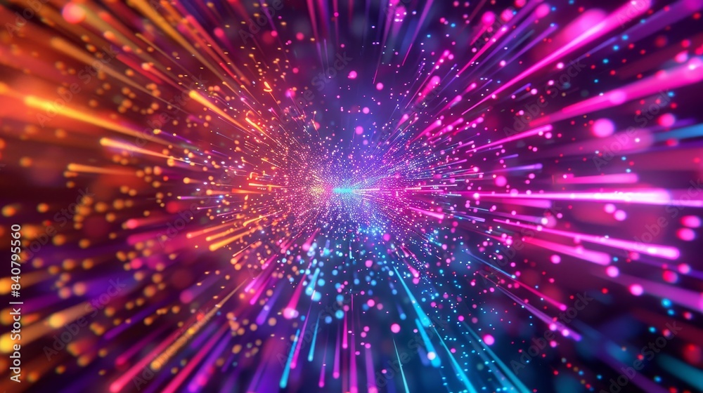 Neon lines converge in psychedelic 3d explosion with flying objects in memphis style 3d render Neon lines converge in psychedelic 3d explosion with flying objects in memphis style 3d render