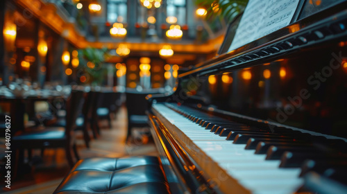 Black Grand Piano in a Warmly Lit Restaurant Setting