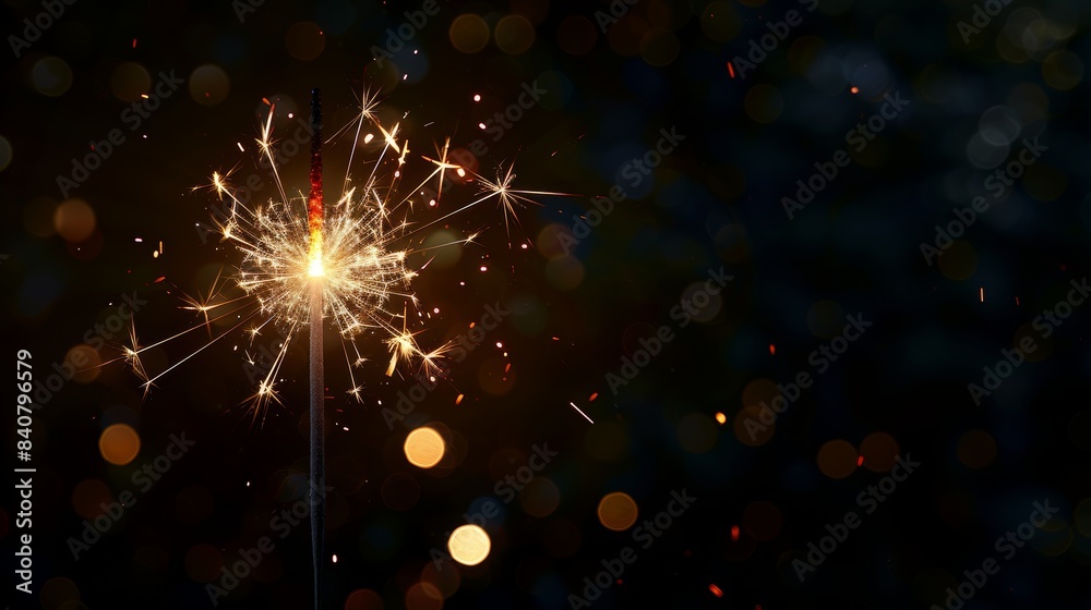 Fototapeta premium Bright sparkler illuminating dark background with festive glow, copy space, realistic image
