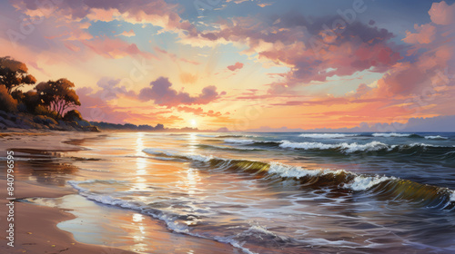 A seaside view with waves gently washing onto the shore beneath a pastel-colored sunset