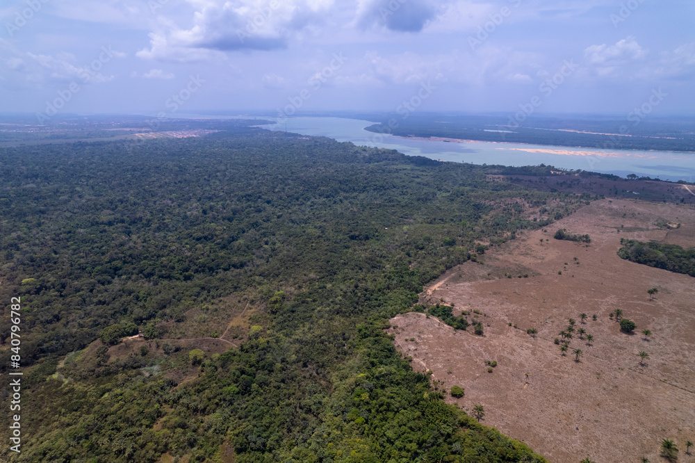 Aerial view of Amazon rainforest trees deforestation to open land for cattle and agriculture near Tapajos river. Environment, ecology, global warming, climate change, conservation. Pará, Brazil. Aerial view of Amazon rainforest trees deforestation to open land for cattle and agriculture near Tapajos river. Environment, ecology, global warming, climate change, conservation. Pará, Brazil.
