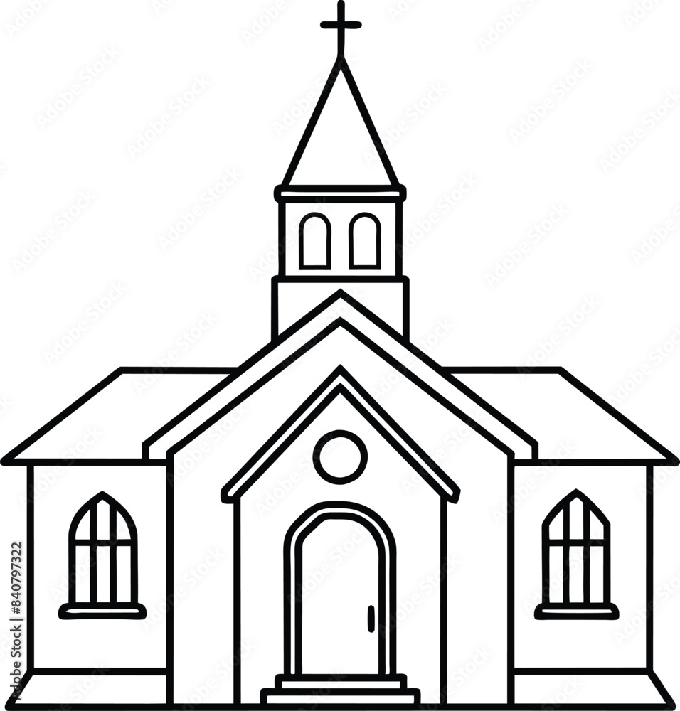 Simple Line Art Church with Bell Tower - Black Vector Illustration Simple Line Art Church with Bell Tower - Black Vector Illustration