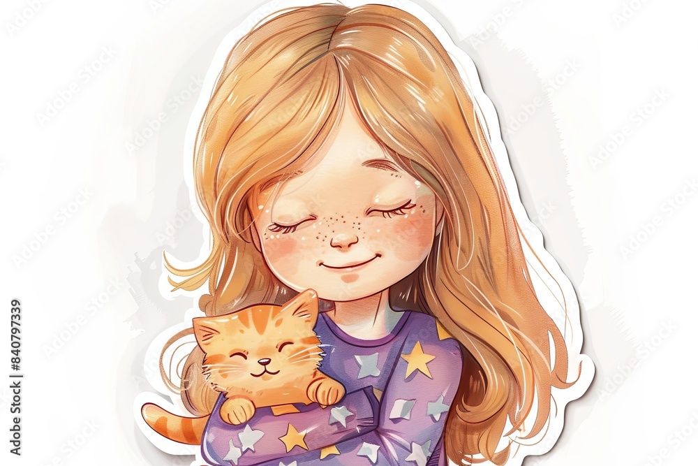 Heartwarming sticker of a blonde girl cuddling a cute orange kitten, wearing a purple star-patterned shirt Heartwarming sticker of a blonde girl cuddling a cute orange kitten, wearing a purple star-patterned shirt