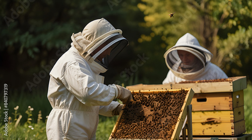Two beekeepers work together in the apiary, carefully inspecting the hives to ensure the health and well-being of their bee colonies - AI
